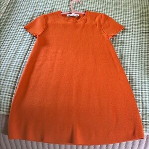 Zara Orange Pleated Mini Dress Crew Neck Short Sleeve
